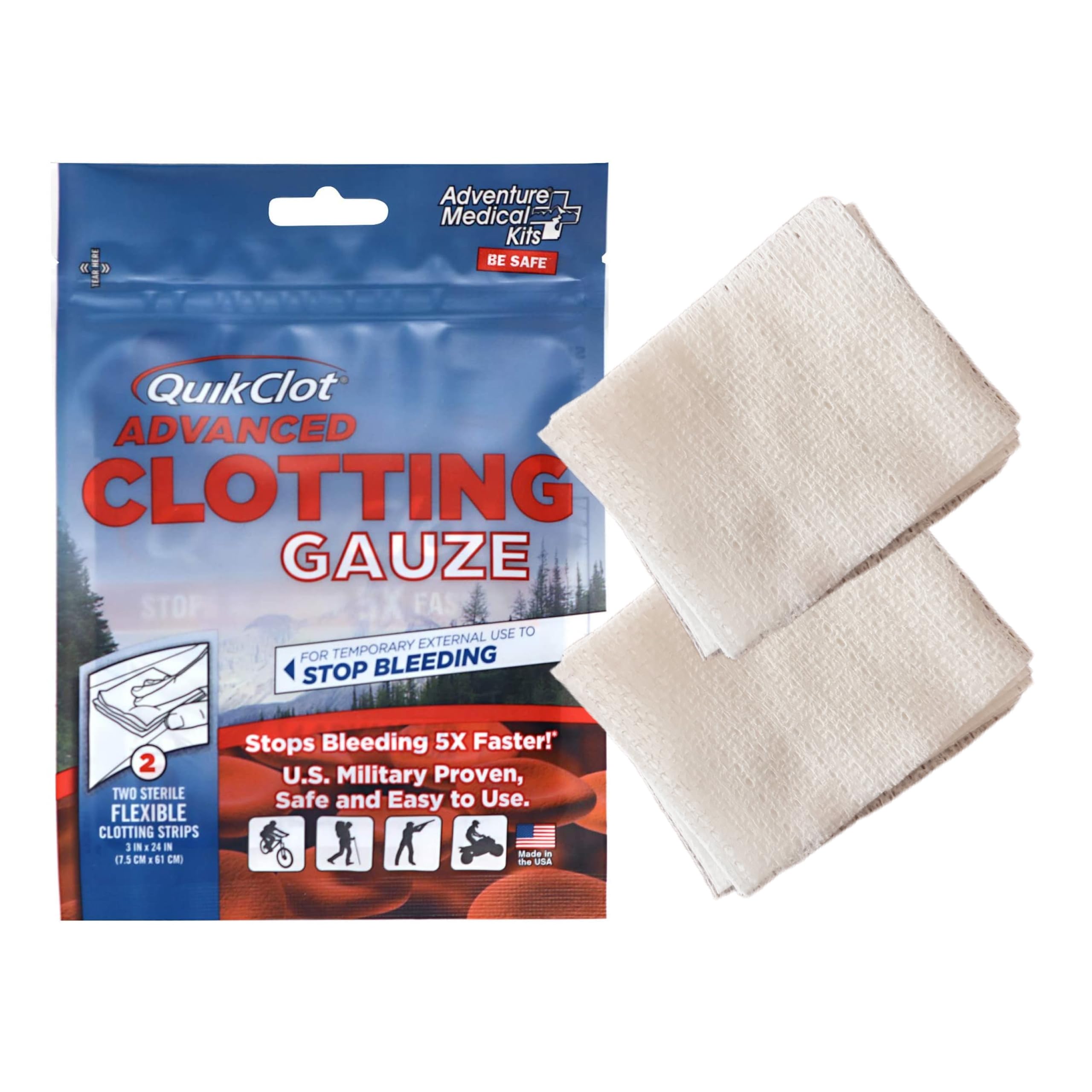 Adventure Medical Kits QuikClot Gauze - Flexible Hemostatic Medical Gauze for Emergency Survival or Disaster Preparedness Kits & More - Stops Bleeding Fast with Kaolin - 3" x 24"
